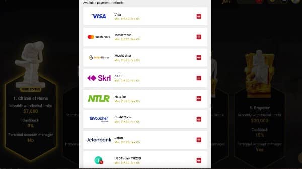 choose banking methods at Casinoly Casino