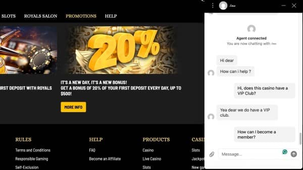 Customer Support at Royals Casino