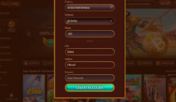 Enter your country, currency, phone number and provide your address details on Amunra Casino
