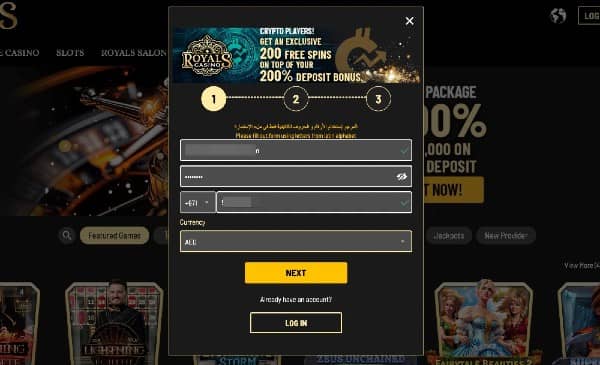 Enter your email, create a unique password, provide your phone number and choose a currency (AED is available) on Royals Casino