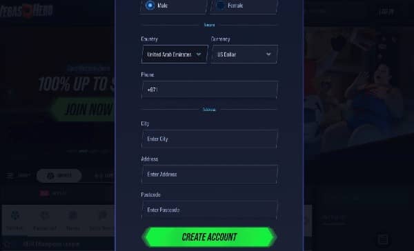 Fill out your name, date of birth, gender, select your country and preferred currency, provide your address information on Vegas Hero Casino